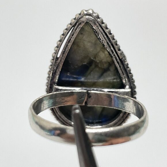 Teardrop Shaped Labradorite Gemstone Silver Plated Ring Statement Boho Sz. 6.5 - Picture 4 of 6